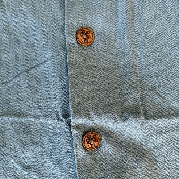 Seven Palm Brand Men’s Cobalt Blue 100% Silk Button Shirt US L Wood Button - Picture 5 of 10